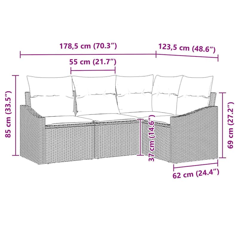 vidaXL 5 Garden Sofa Set with Cushions Black Poly Rattan - 70.3 x 48.6 x 27.2