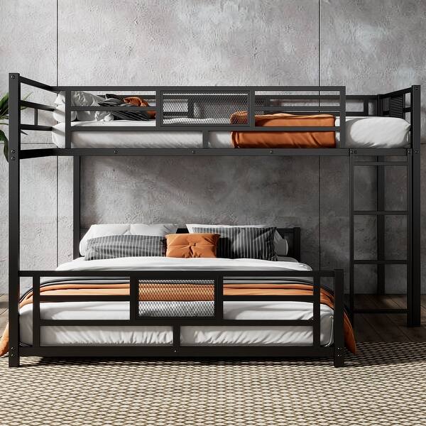 slide 2 of 14, Elegant Twin over Full Size L-Shaped Metal Bunk Bed Solid Safety Guardrail Bed, No Box Spring Required Black