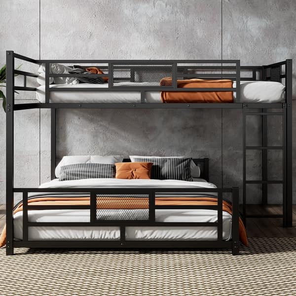 slide 2 of 14, L-shaped Metal Twin over Full Size Bunk Bed,Modern & Simple Style Black