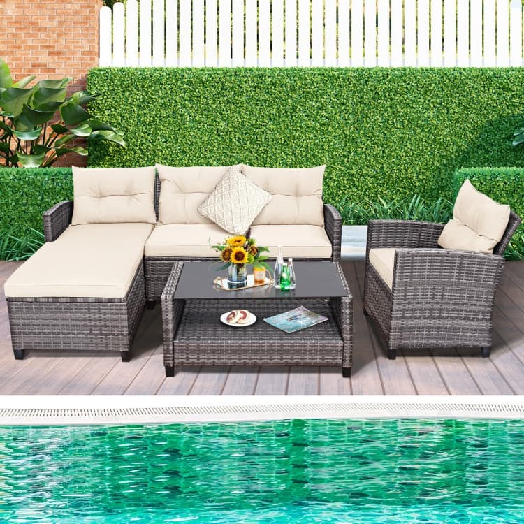 4 Pieces Patio Rattan Furniture Set with Cushion and Table Shelf - 27.5" x 47" x 30" (L x W x H)