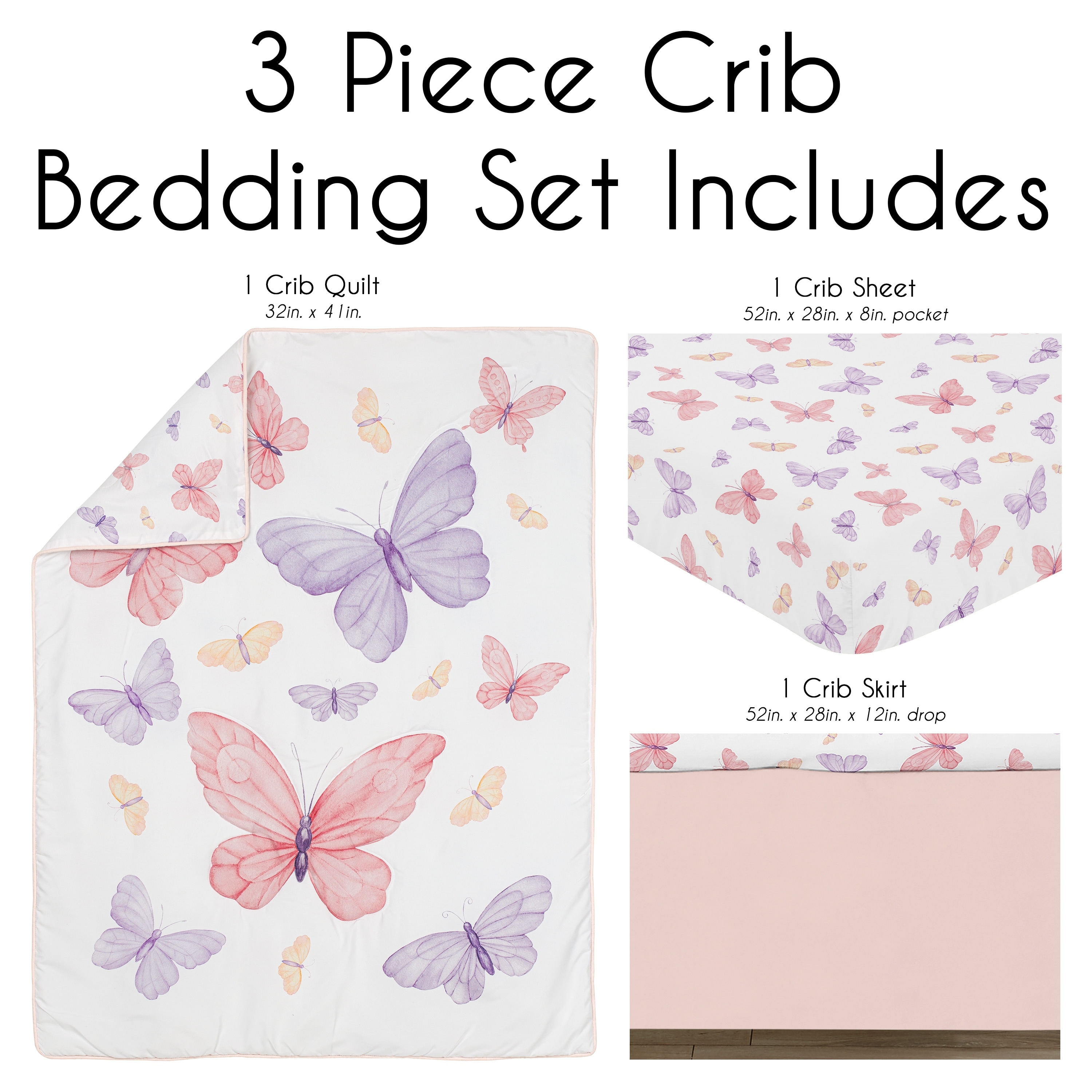 Sweet Jojo Designs Pink and Purple Shabby Chic Butterfly Girl 3p Nursery Crib Bedding Set Yellow Colorful Pastel Watercolor Insects