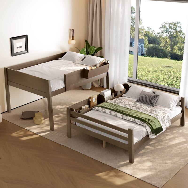 Wood Bunk Bed with Storage Shelves and Bookshelf, Ladder & Guardrails, Detachable Design