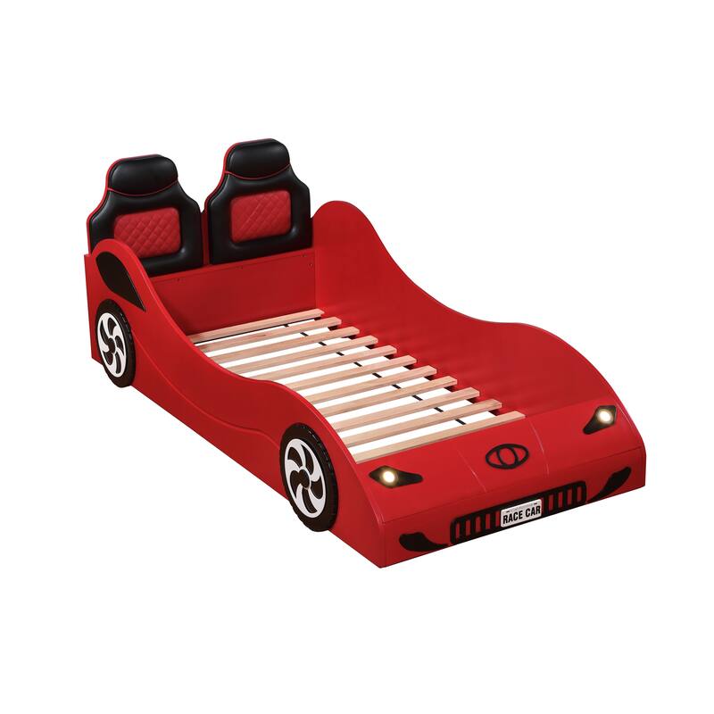 Red or White Twin Car Bed with LED Lights, Padded Upholstered Headboard and Wheels Trim