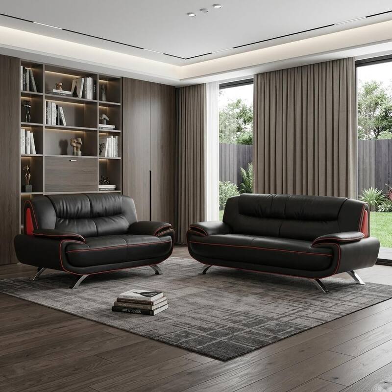 HomeRoots Two Piece Indoor Black Genuine Leather Five Person Seating Set - Black