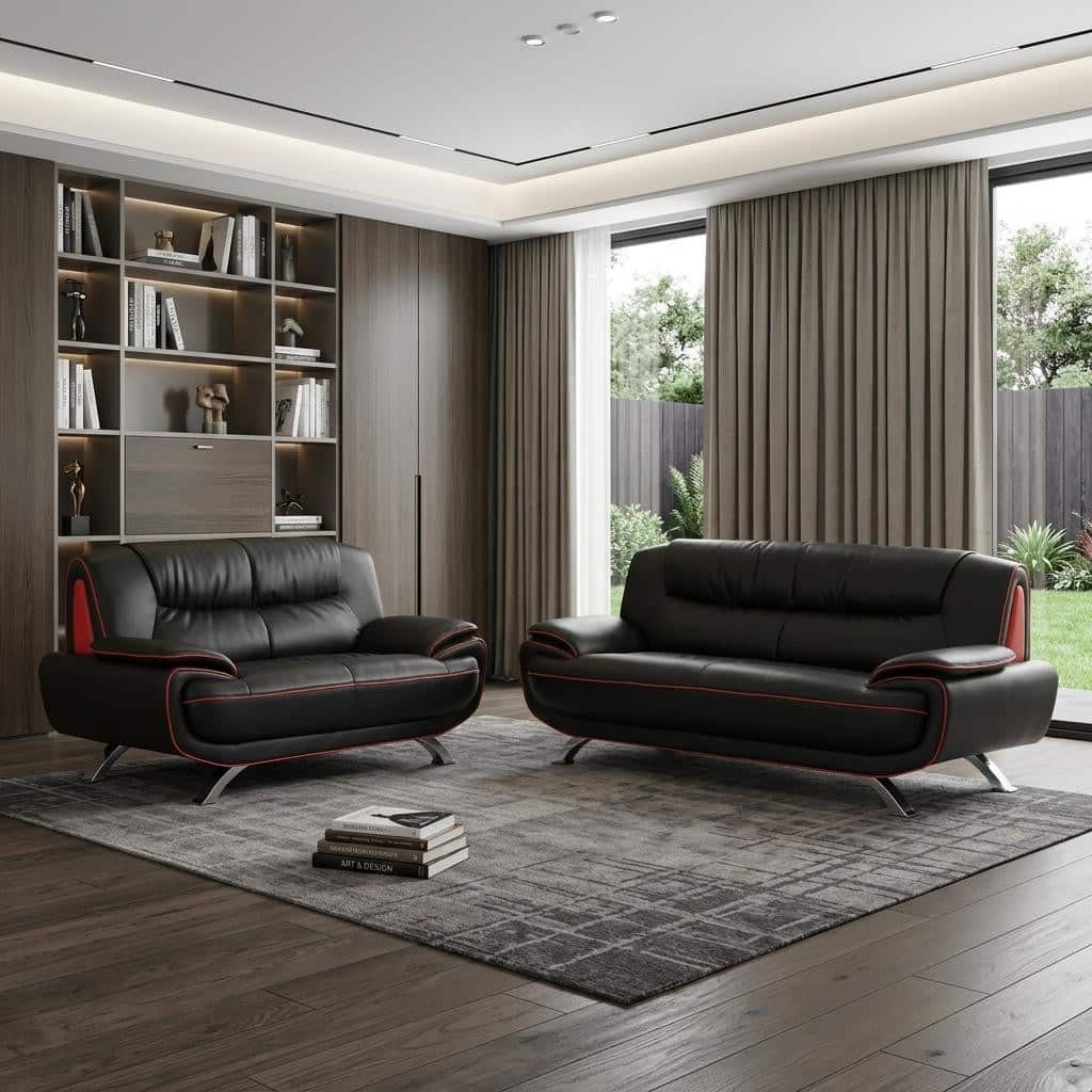 HomeRoots Two Piece Indoor Black Genuine Leather Five Person Seating Set