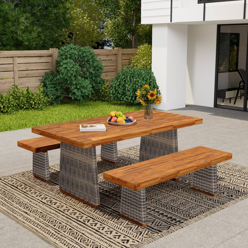 Roomfitters Outdoor Acacia Wood Dining Table Set with 1 Table and 1 Bench - Grey,Teak (2 Seats)