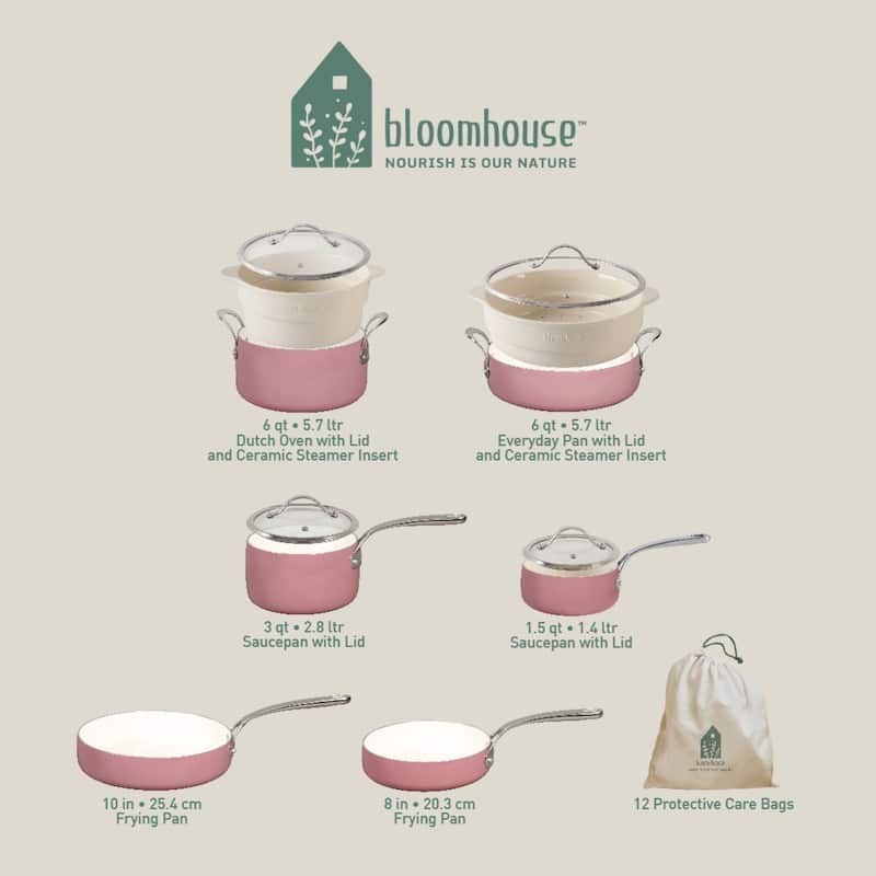 Bloomhouse 12 Piece Aluminum Enamel Cookware Set w/ Non-stick Non-toxic Ceramic Interior and Ceramic Steamer Insert
