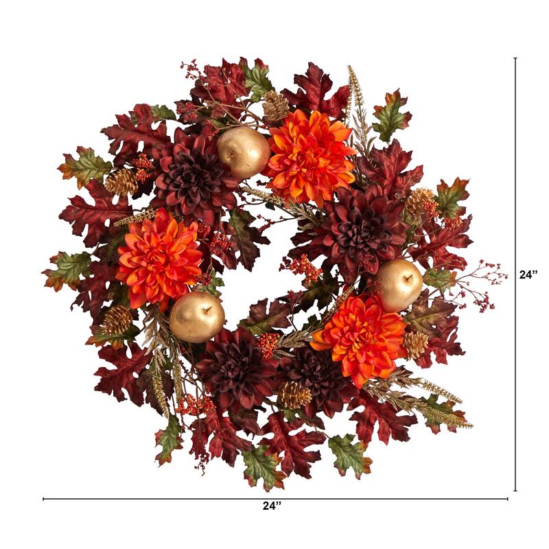 Dahlia with Oak Leaf and Berries Artificial Fall Harvest Wreath, 24-Inch, Unlit