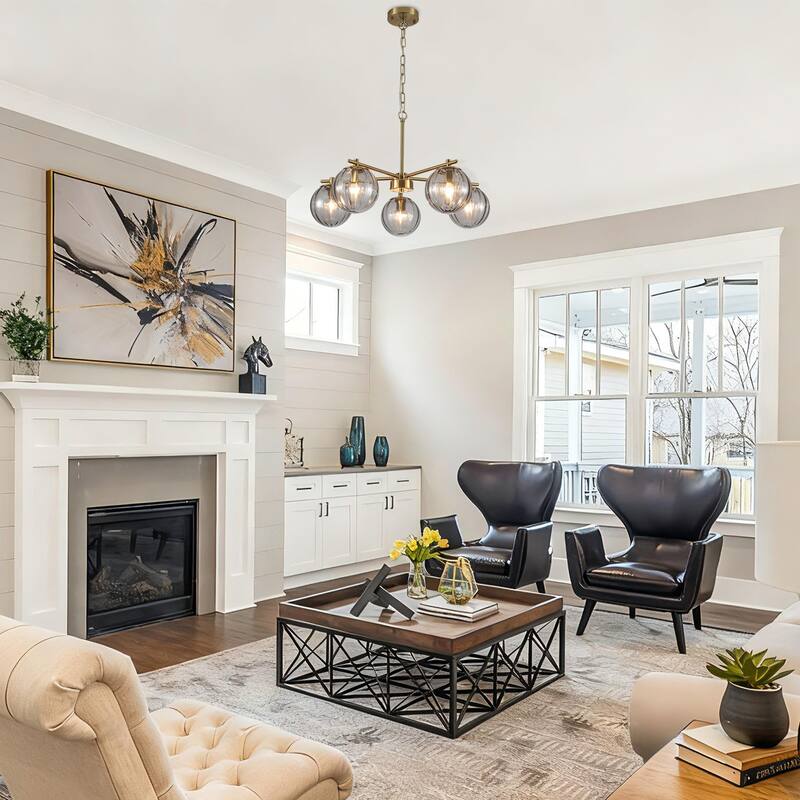 Mid-Century Modern 5-Light Globe Chandelier with Adjustable Chain, Textured Glass Shades - Brushed Gold