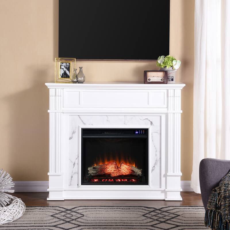 48 in. Freestanding Wood Smart Electric Fireplace TV Stand in White with rustic media console design