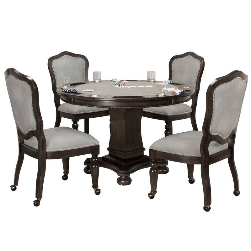 Vegas Poker Table Set - 5 Piece Dining Game Table with Chairs - 48" Round Reversible Top - Gray Finish