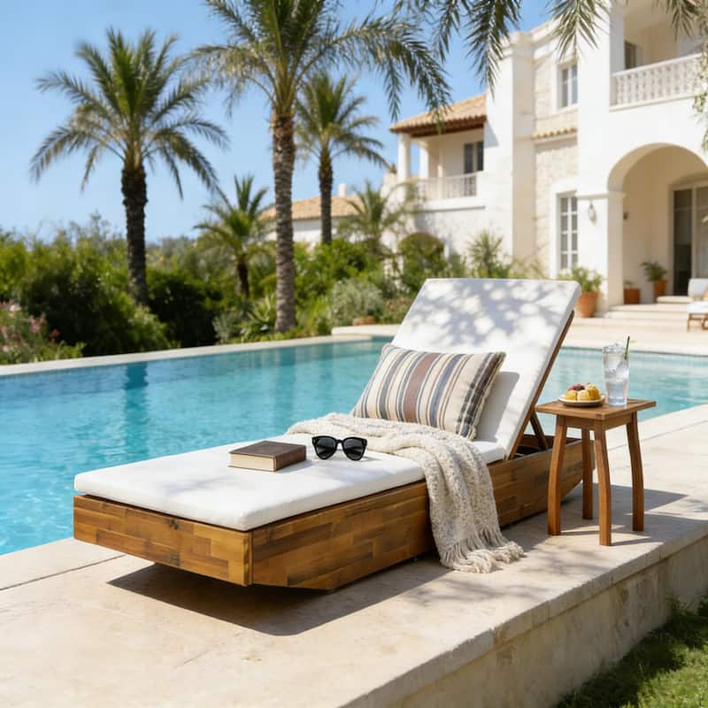 Christopher Knight Home - Outdoor Acacia Wood Chaise Lounge with Ergonomic 2-Fold Thin Water-Repellent Cushion - 79.6"L - Teak Finish+Cream Cushion