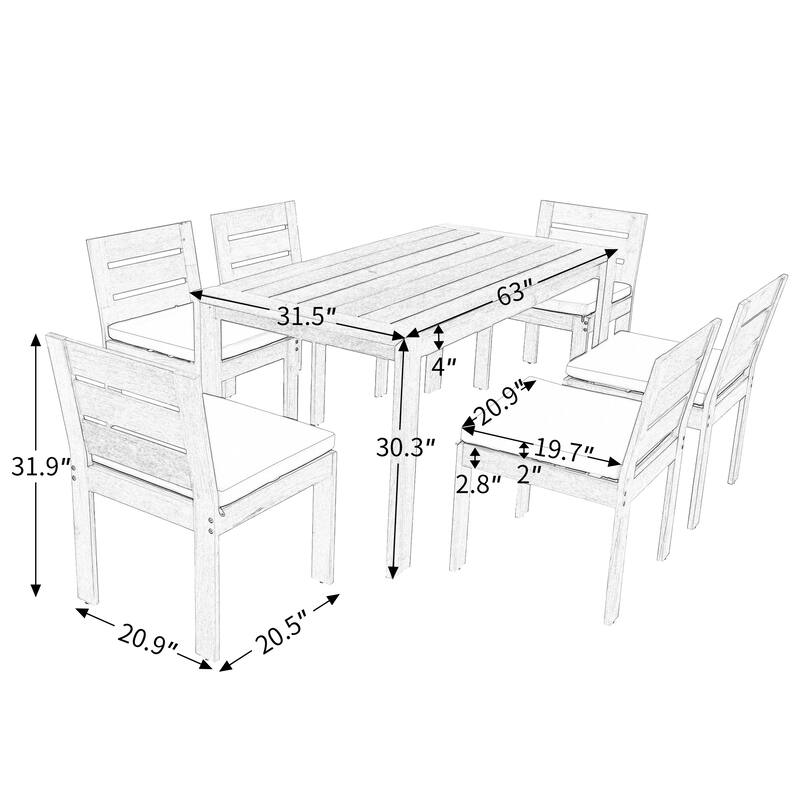 7 Piece Outdoor Dining Table and Chair Set, Acacia Wood Patio Furniture Set with Rectangular Table and 6 Dining Chairs