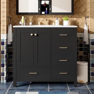 36'' Bathroom Vanity with Ceramic Sink Combo Freestanding Bathroom Storage Cabinet with 4 Drawers and Soft Closing Doors