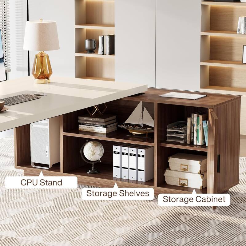 78.78"L-Shaped Executive Desk with Storage Cabinet, Cream White & Walnut