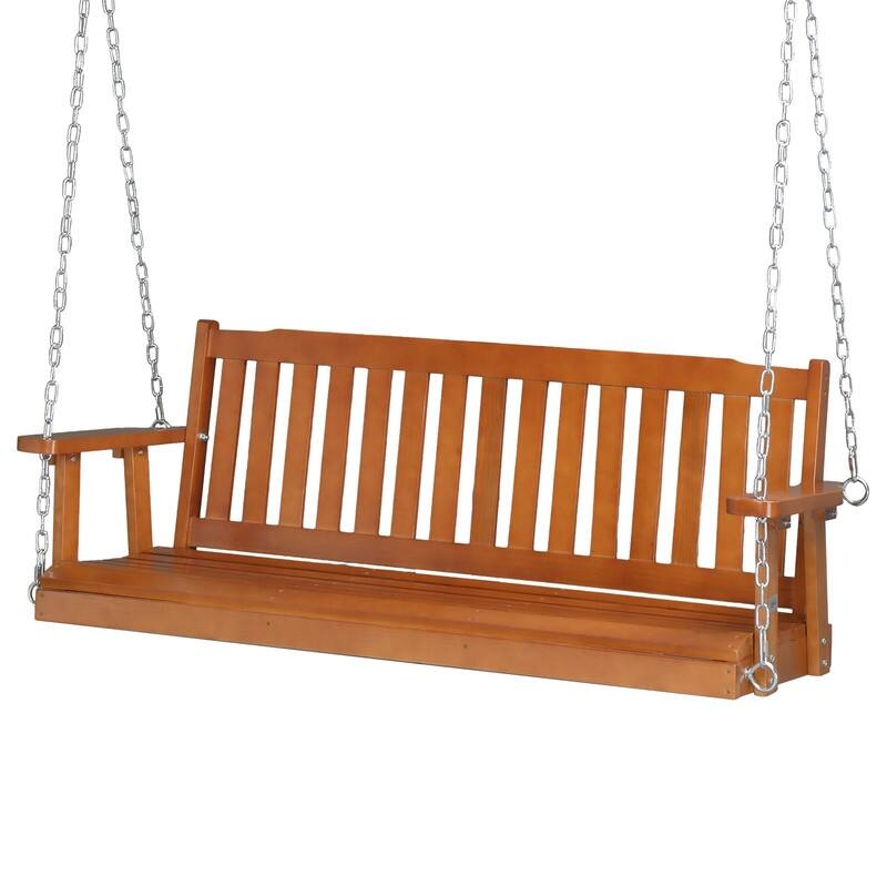 2-person Wood Porch Swing with Chains - N/A - Brown