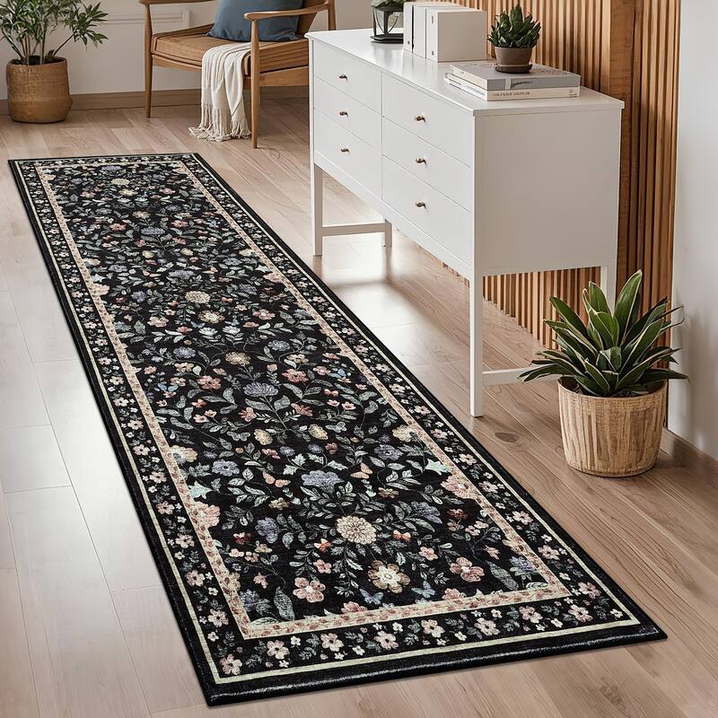Living Room Rug Machine Washable Area Rug Non Slip Farmhouse Floral Rug Low Pile Soft Foldable Rugs