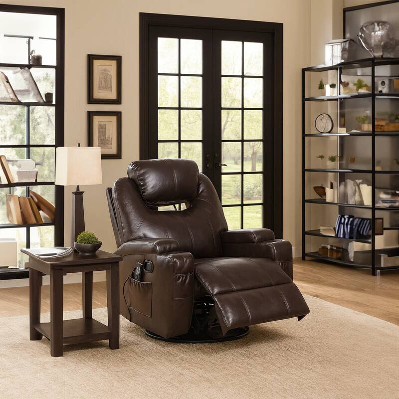 Contemporary Polyurethane Upholstered Metal Rocker Recliner with Swivel, Brown