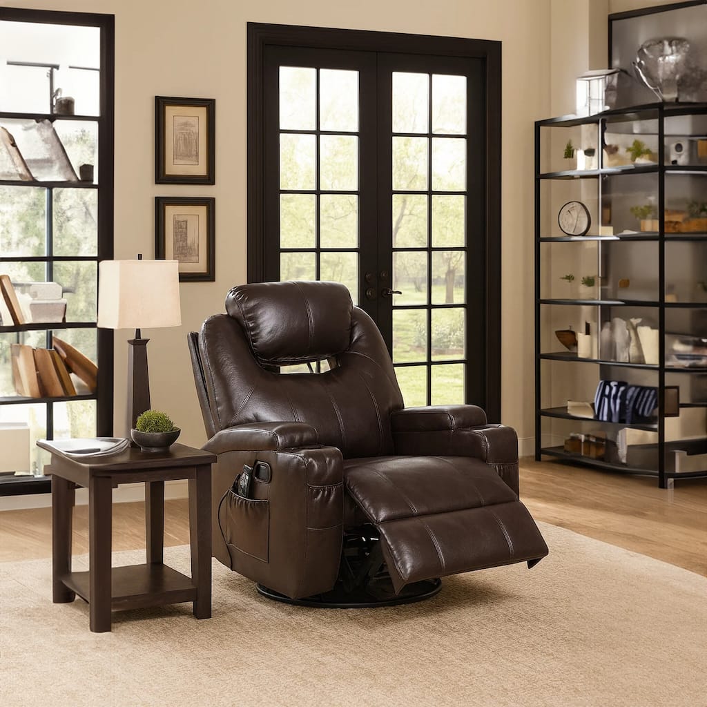 Contemporary Polyurethane Upholstered Metal Rocker Recliner with Swivel, Brown