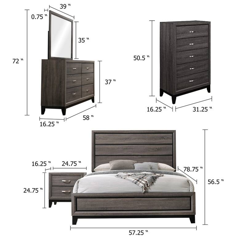 Mela 5pc Full Bed Set, Nightstand Dresser Chest and Mirror, Oak Gray