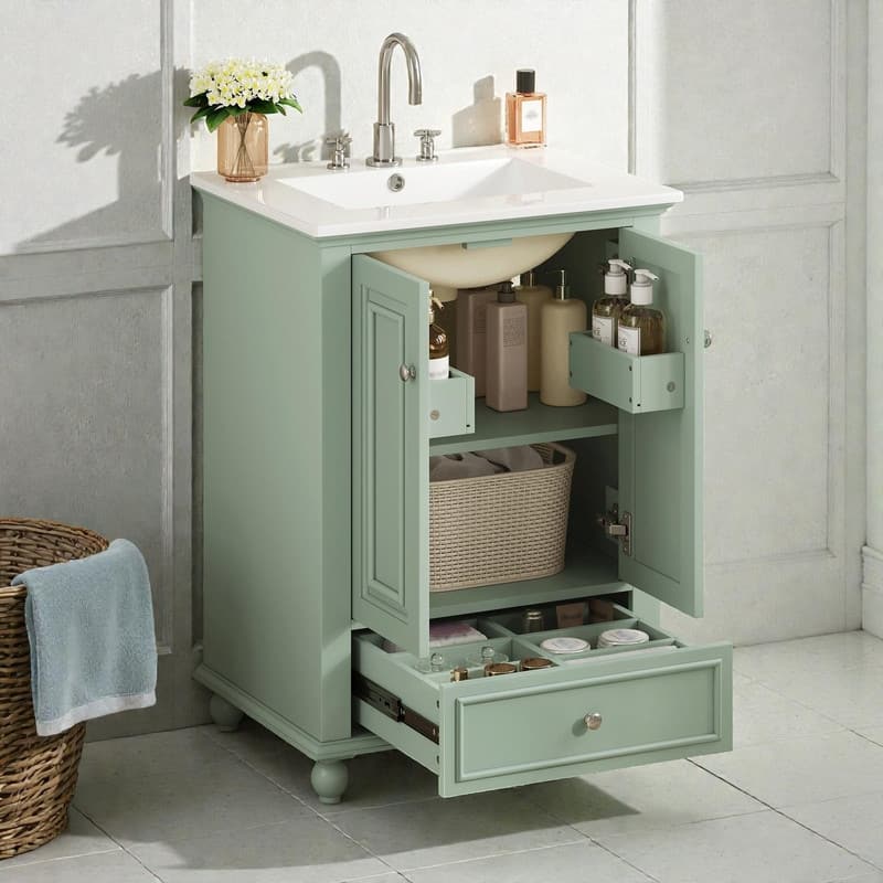 24" Bathroom Vanity with Ceramic Sink, Storage Cabinet with Soft-Close Doors and Drawer with Dividers
