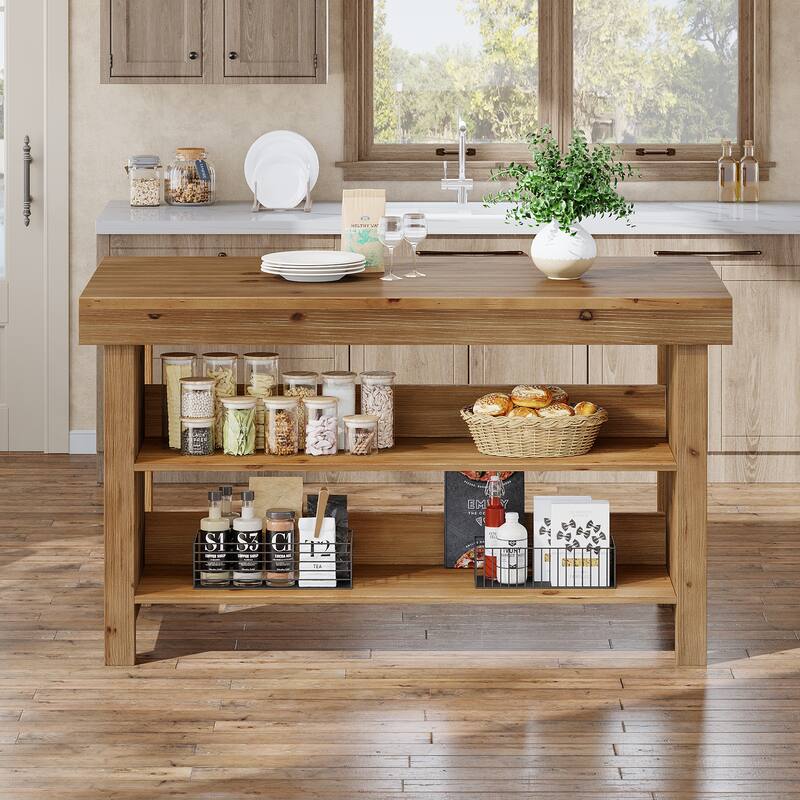 Solid Wood Bar Table, Open Storage Counter Height Pub Dining Table, Kitchen Dining/Living Room Basement Accent Bar Unit