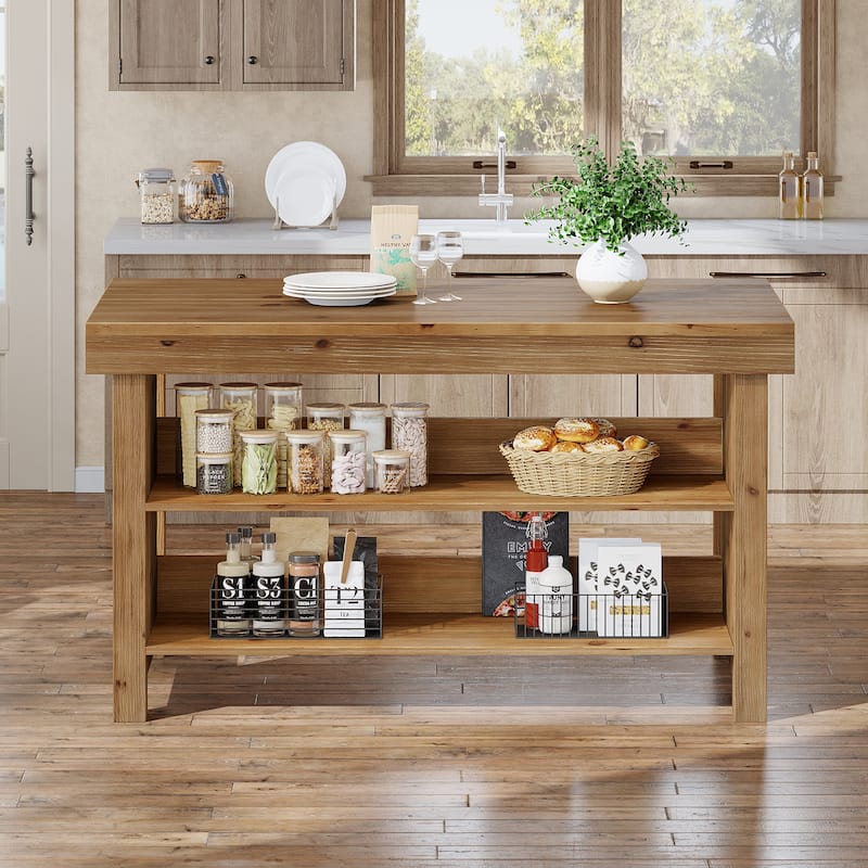 Solid Wood Kitchen Island, Open Storage Counter Height Table, Kitchen Dining/Living Room Coffee Bar Accent Island
