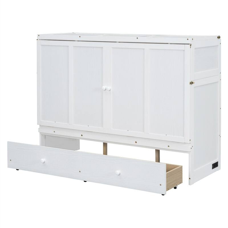 Full/Queen Size Murphy Bed Wall Bed with a Large Storage Drawer and USB Port, Solid Wood Murphy Cabinet Bed, Space Saving Design