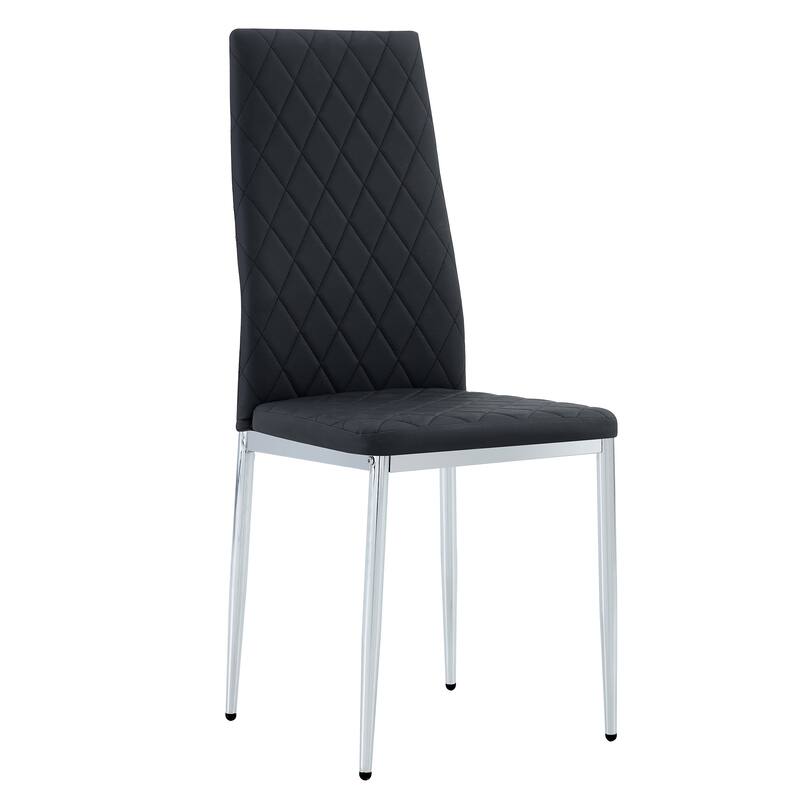 Leather Dining Table Chair Set of 6, High Back Dining Chair, Grid Armless Lounge Chair, Office Chair with C-Shaped Metal Legs