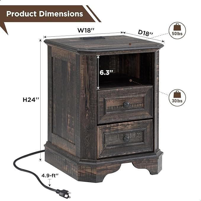 18" Farmhouse Nightstand with Charging Station, End Table,Side Table