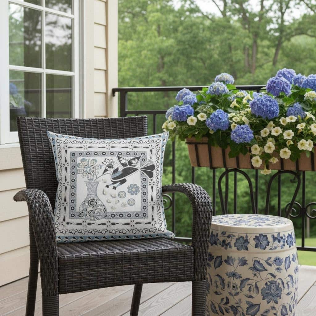 HomeRoots 20" x 20" Blue and White Bird Blown Seam Floral Indoor Outdoor Throw Pillow - 20.00' X '5.00' X '20.00