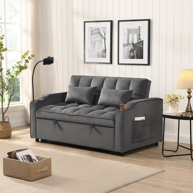 Anmytek 3-in-1 Convertible Velvet Loveseat Sleeper Sofa Pullout Bed Adjustable Backrest - Dark Gray