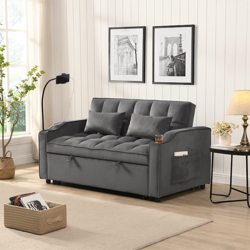 Foldable Sofa Bed with USB and Phone Holder, 2-Seat Settee with Two Pillows, Love Seat Couch with Adjustable Backrest