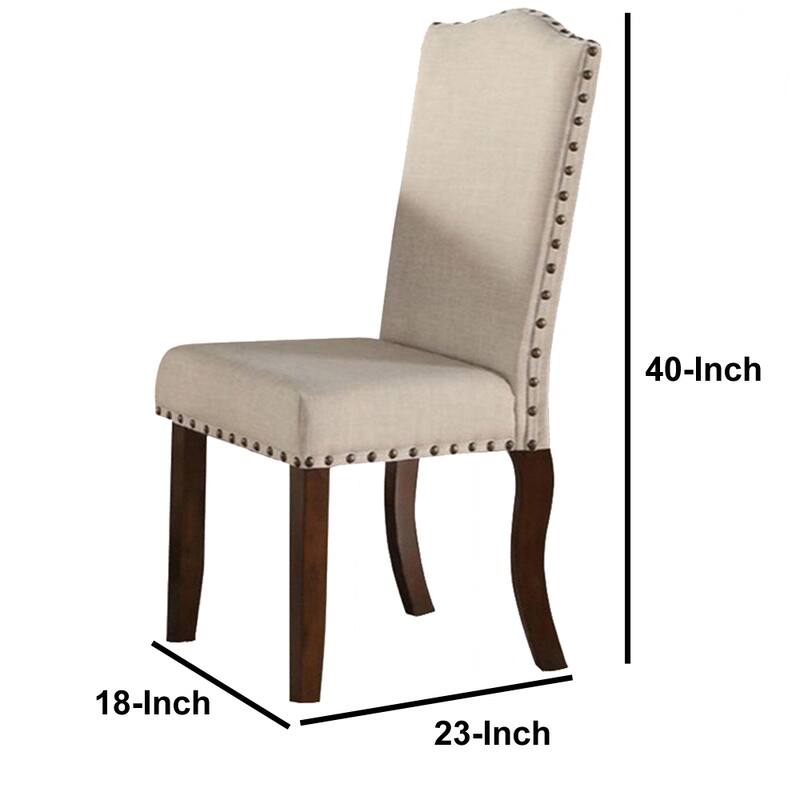Rubber Wood Dining Chair With Nail Head Trim, Set Of 2, Brown And Cream - 40 H x 23 W x 18 L Inches