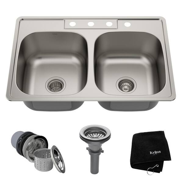 KRAUS 33 Inch Topmount 50/50 Double Bowl 18 Gauge Stainless Steel Kitchen Sink with NoiseDefend Soundproofing KRAUS 33 Inch Topmount 50/50 Double Bowl 18 Gauge Stainless Steel Kitchen Sink with NoiseDefend Soundproofing