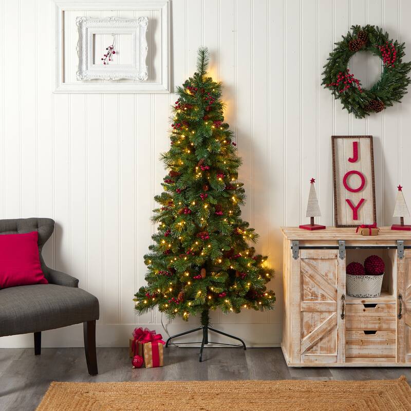 6ft. Flat Back Pine Artificial Christmas Tree with Pinecones, Berries & 150 Warm White LED Lights - Festive Holiday X-Mas Accent