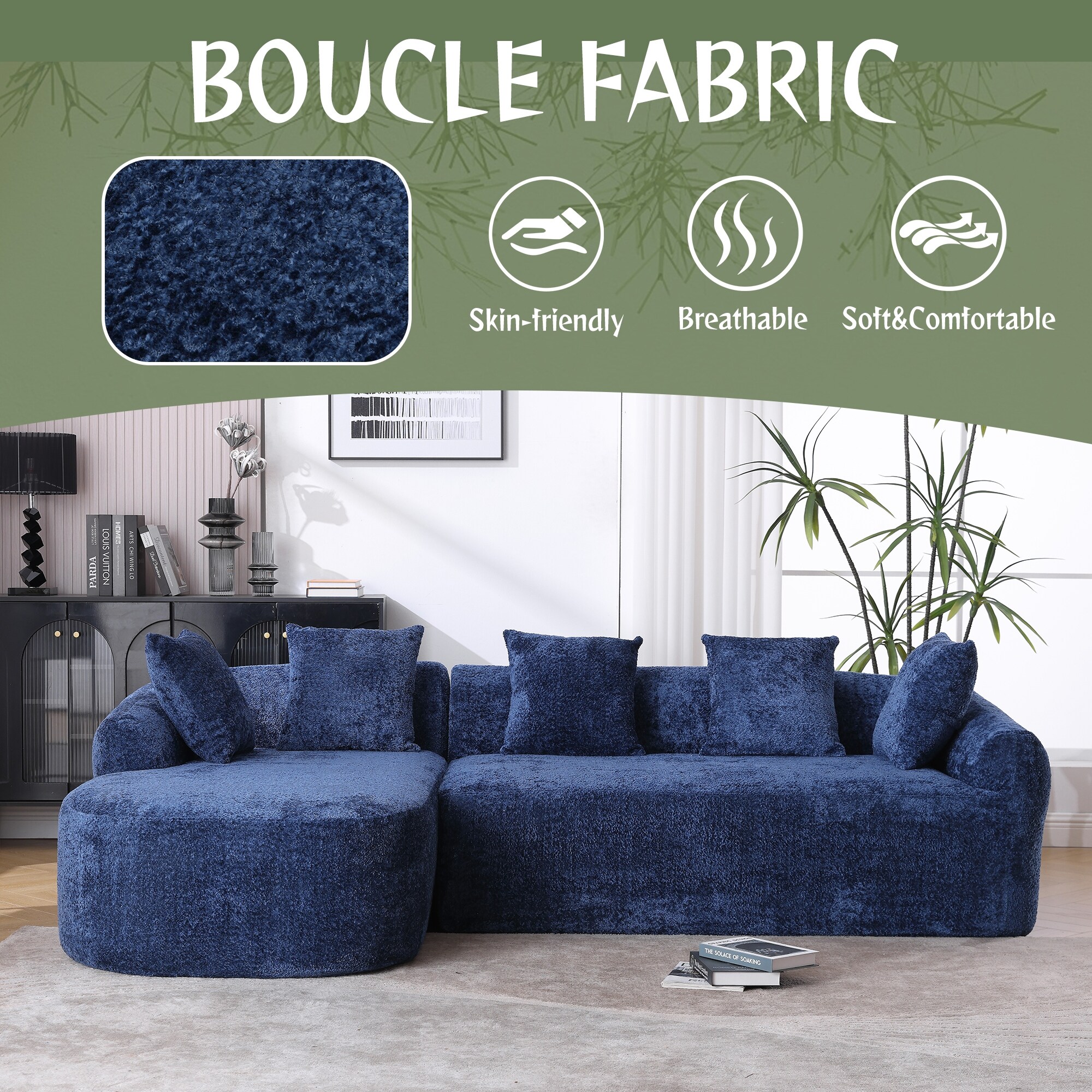 Blue Oversized Sleeper Sectional Sofa with 5 Throw Pillows L Shape Left Hand Facing Couch 3 Seater Boucle Fabric Sofa Chaise On Sale Bed Bath Beyond 42109647