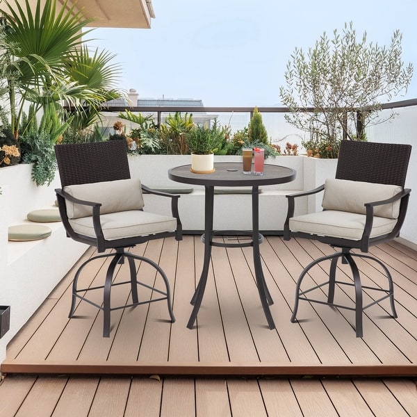 slide 2 of 8, EROMMY Outdoor Bar Set, High Top Patio Table with 2 Swivel Bar Stools, Rattan Bistro Set for Backyard, Poolside, Garden 3-Piece