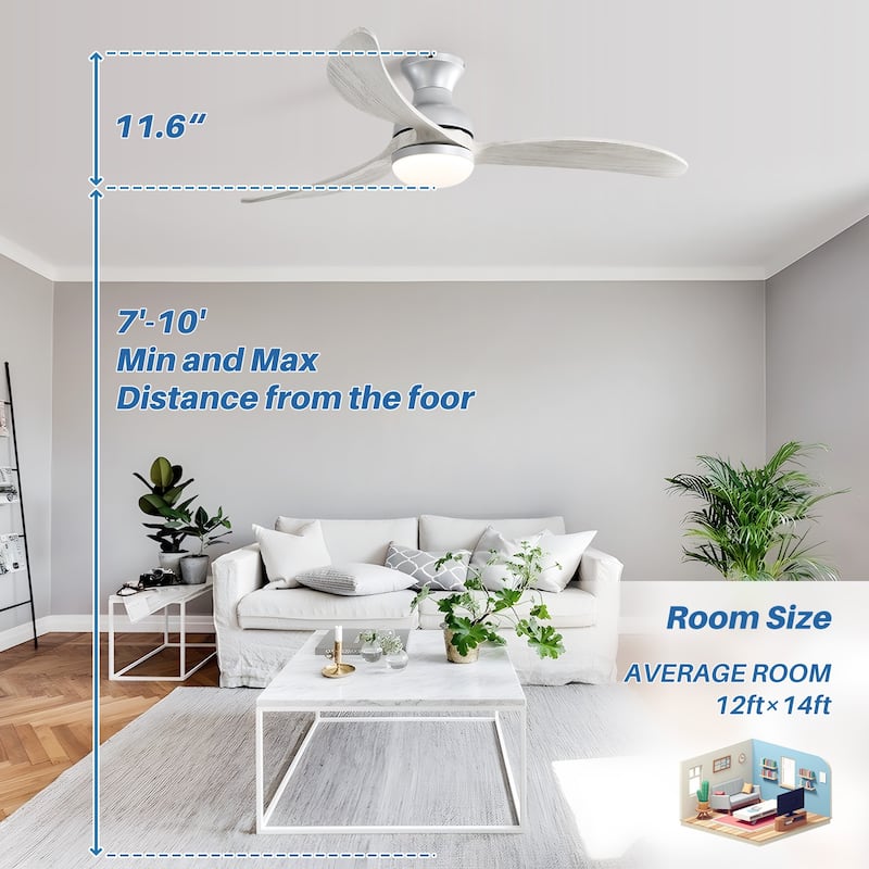 52 inch Smart Ceiling Fan Light with Remote Control with 3 Wood Blades,Flush Mount,Dimmable LED - 52 inch