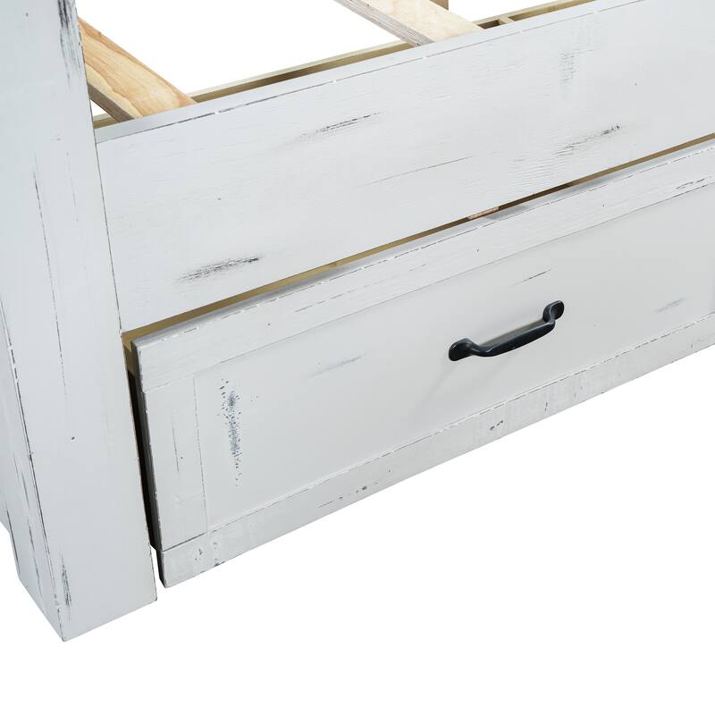 White Distressed Platform Bed Frame Wood Panel Bed w/ 3 Storage Drawers