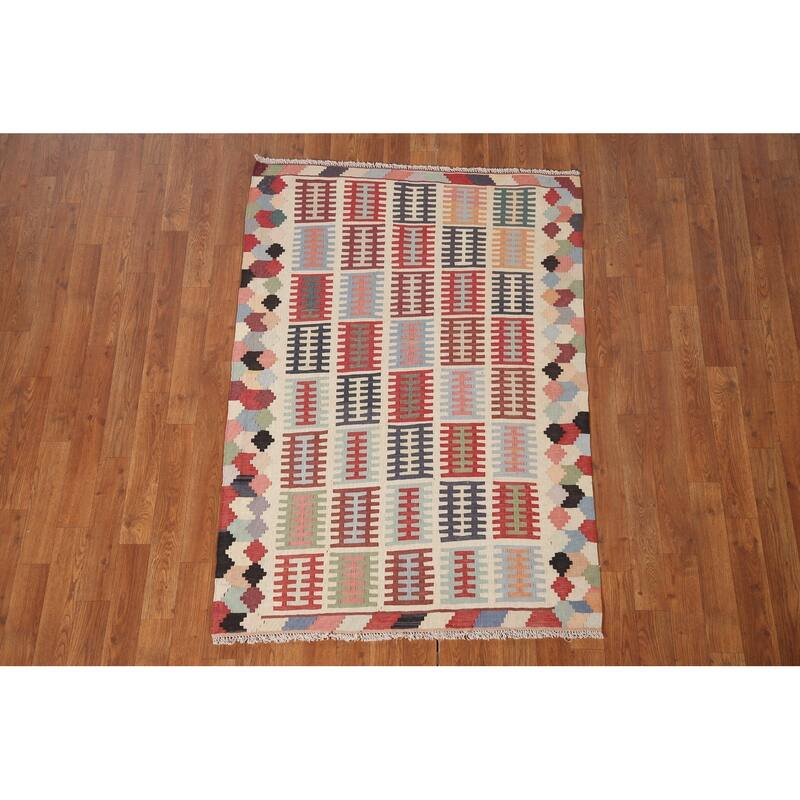 Vegetable Dye Kilim Qashqai Persian Area Rug Vintage Wool Carpet - 3'4"x 4'10"
