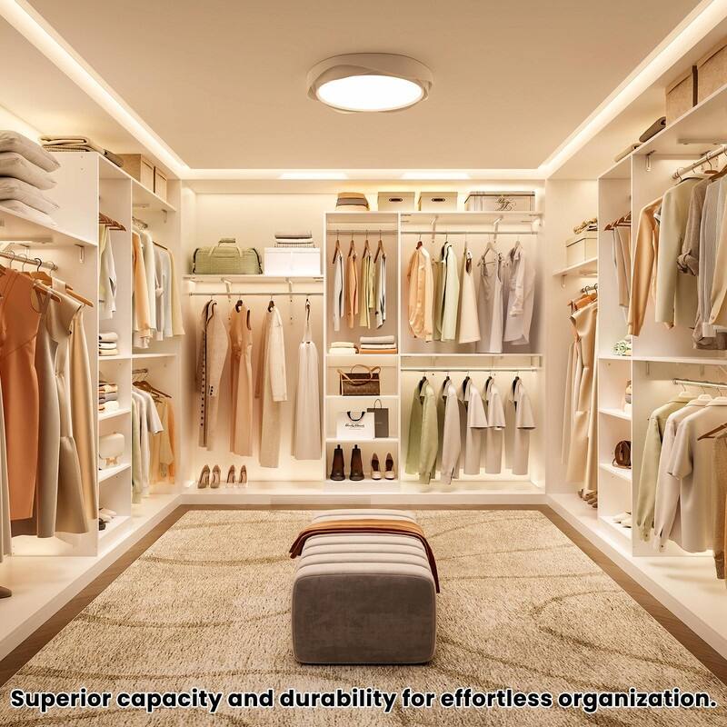 Heavy-Duty Wood Walk-In Closet Organizer - Adjustable Wardrobe System with 4 Hanging Rods & 5 Shelves for 8 ft Spaces