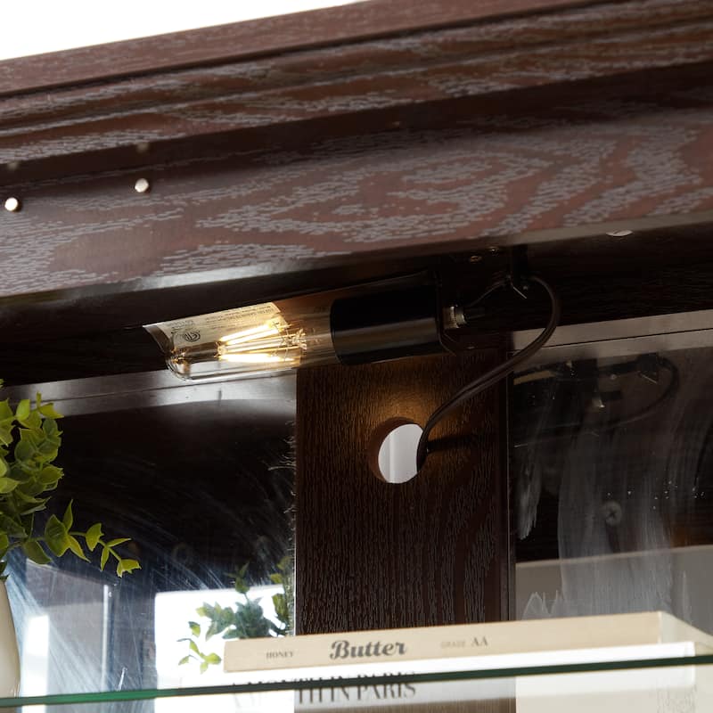 Antique Curio Display Cabinet with Glass Doors, 4 Door Vintage Showcase with Adjustable Shelves and Light