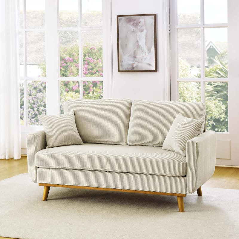 Mid-Century Corduroy 2-Seater Sofa in Cream - Multi-Color