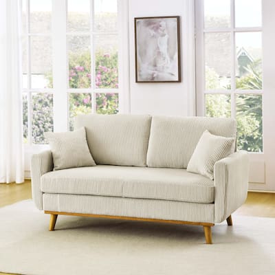 Mid-Century Corduroy 2-Seater Sofa in Cream