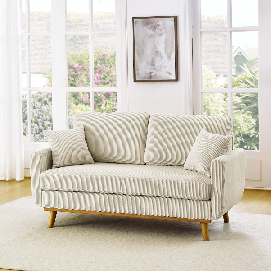 Mid-Century Corduroy 2-Seater Sofa in Cream
