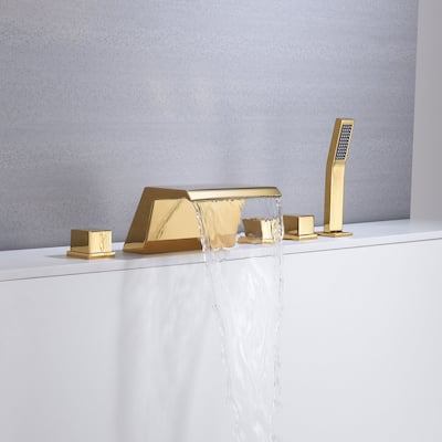 Waterfall Tub Filler Bathtub Faucet polished gold 5-Hole 3-Handle Solid Brass Bathroom Bath Tub Faucets - 9'6" x 13'6"