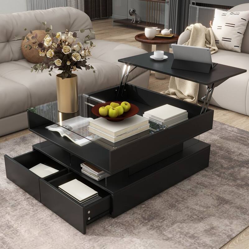 Lift-Top Coffee Table with 2 Drawers, Modern Square Coffee Table with Glass Top and High-Gloss Finish - Black