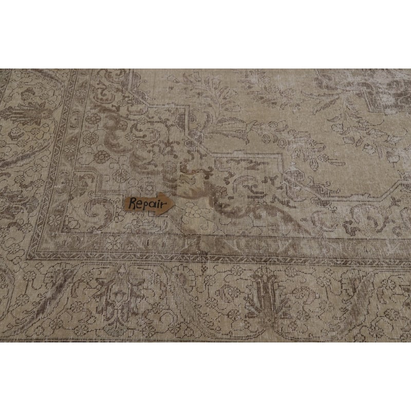 Tabriz Persian Vintage Area Rug Handmade Beige Wool Carpet - 9'4" x 12'10"