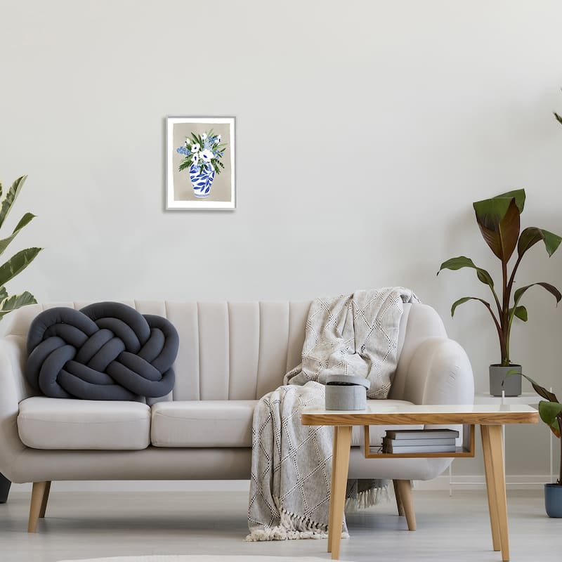 Stupell White Poppies Flower Leaves Traditional Chinoiserie Pattern Vase Framed Wall Art,Design by Doodles.Ink. - Blue